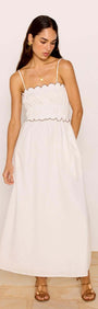 Scallop Edge Cotton White Midi Dress by MINKPINK, featuring a scalloped neckline and hem, flowing design, perfect summer elegance.
