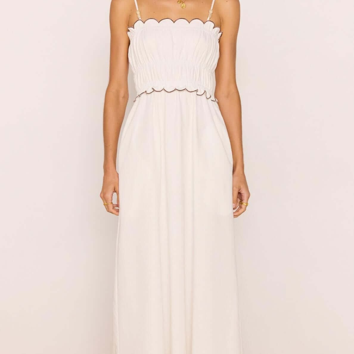 Scallop Edge Cotton White Midi Dress by MINKPINK featuring a scalloped neckline and slim straps on a model.