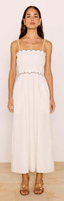 Scallop Edge Cotton White Midi Dress by MINKPINK featuring a scalloped neckline and slim straps on a model.