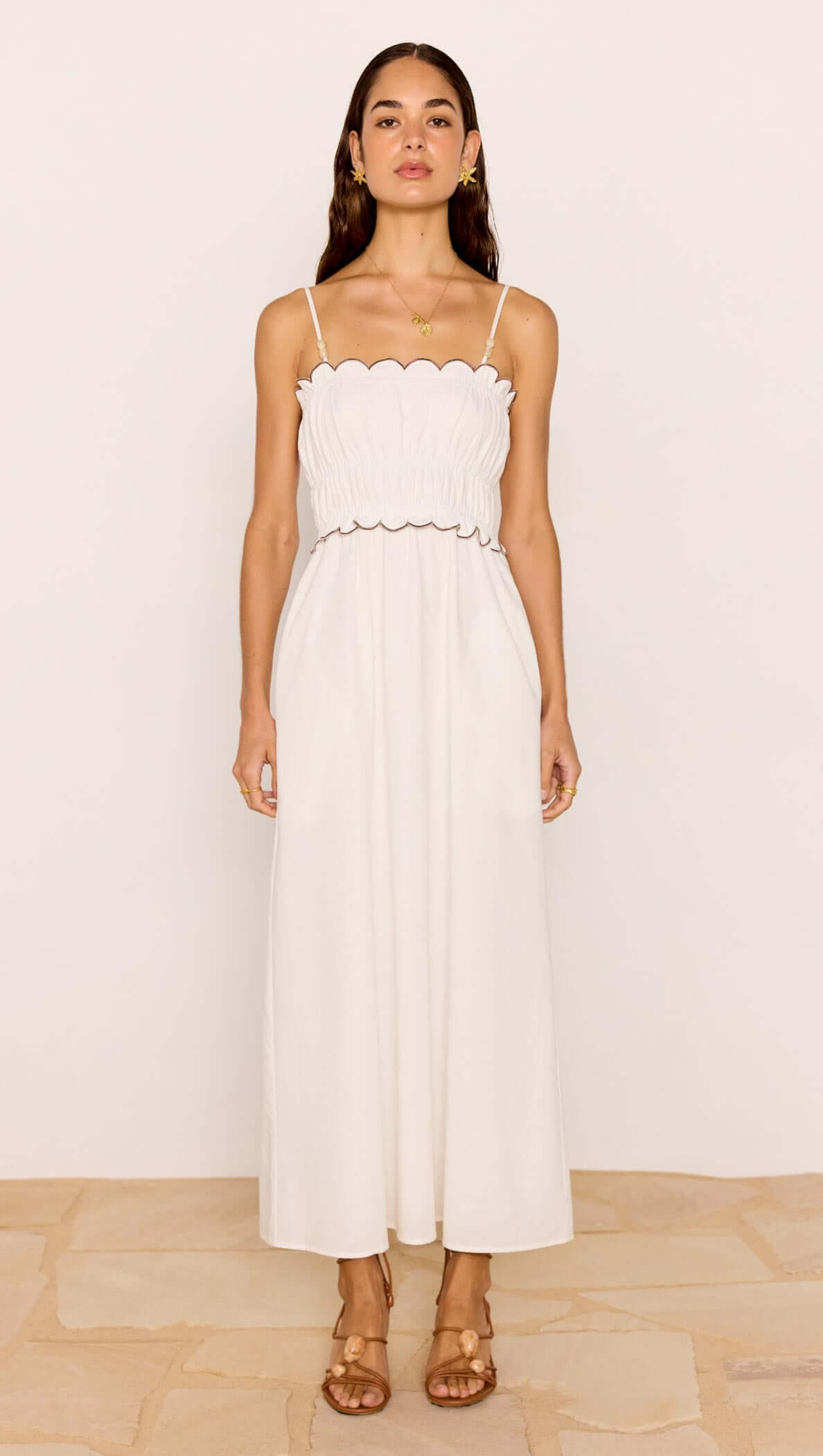 Scallop Edge Cotton White Midi Dress by MINKPINK featuring a scalloped neckline and slim straps on a model.
