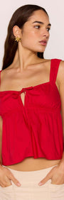 Red Cotton Linen Blend Tie-Front Top worn by a model with wide straps and a front tie detail.