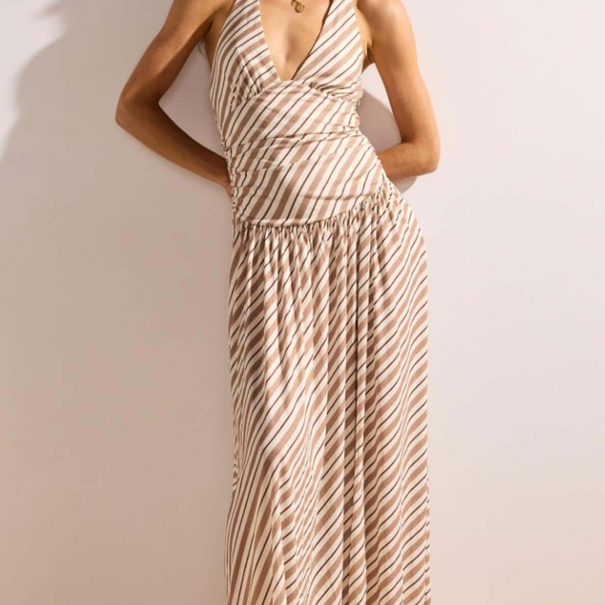 Brown & Cream Stripe Low-Waist Halter Maxi Dress – MINKPINK