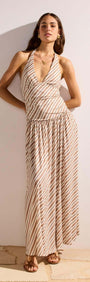 Brown & Cream Stripe Low-Waist Halter Maxi Dress styled on a model against a neutral background.