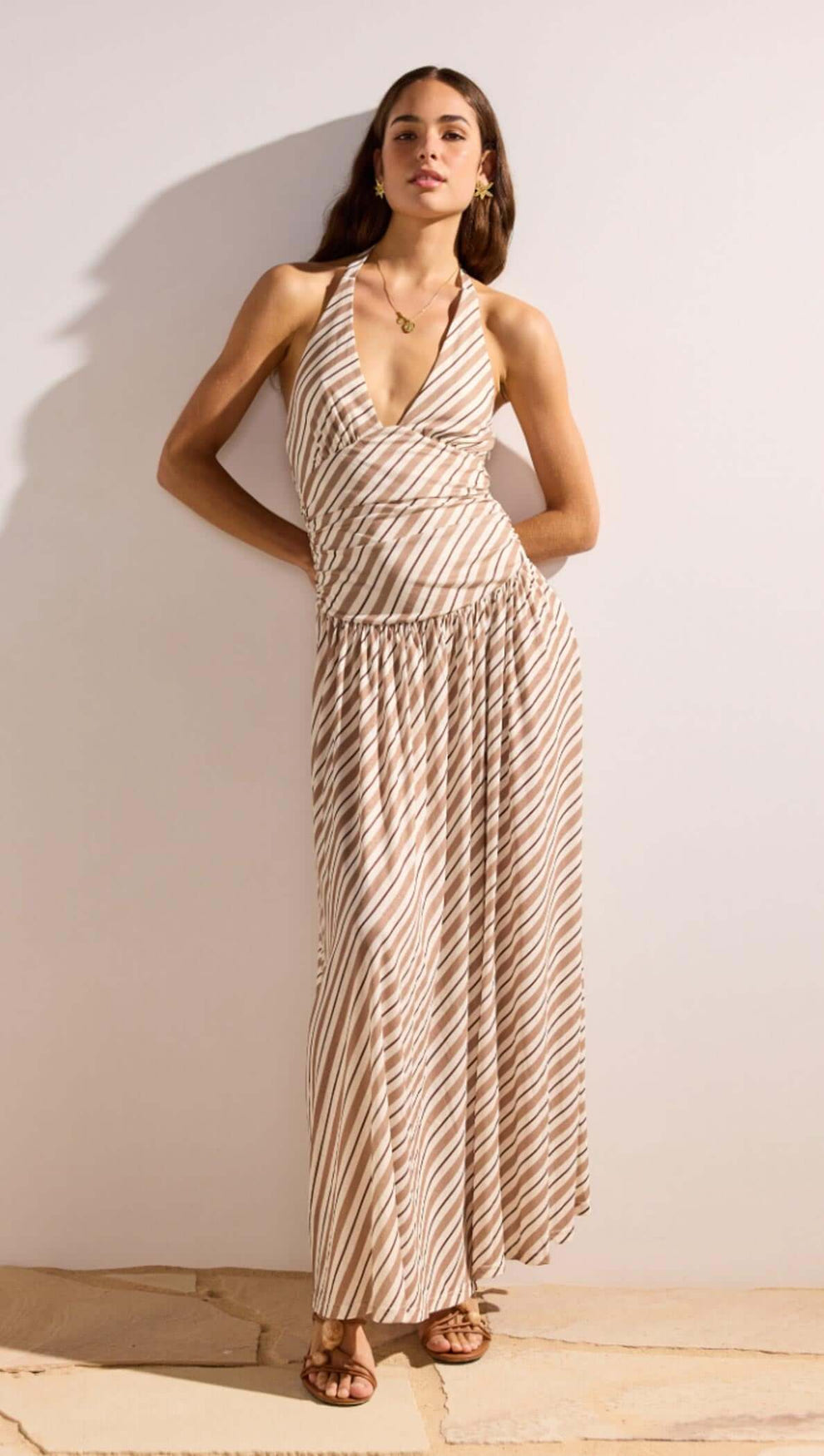 Brown & Cream Stripe Low-Waist Halter Maxi Dress MINKPINK Brown & Cream Stripe Low-Waist Halter Maxi Dress MINKPINK