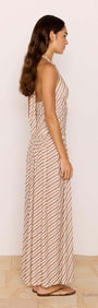 Brown & Cream Stripe Low-Waist Halter Maxi Dress shown in profile, featuring a plunging neckline and flowy skirt.