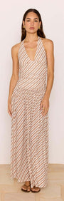 Brown & Cream Stripe Low-Waist Halter Maxi Dress worn by model, featuring plunging neckline and flowy skirt.