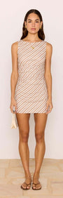 Brown & Cream Stripe Mesh Mini Dress on a model showcasing a chic, fitted silhouette with a high boat neckline.