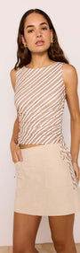 Model wearing the Brown & Cream Stripe Mesh Top paired with a beige skirt, showcasing a stylish and flattering outfit.
