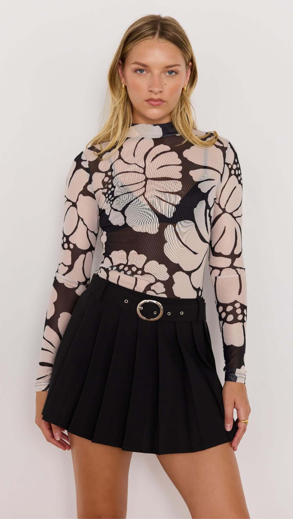 Persephone Mesh Skivvy Top - Black & White Floral