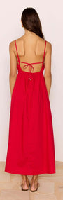 Back view of the Red Cotton Linen Blend Tie-Back Maxi Dress showcasing the adjustable tie and flowing skirt.