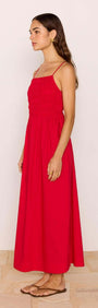 Red Cotton Linen Blend Tie-Back Maxi Dress worn by a model showcasing its elegant silhouette and adjustable tie-back feature.