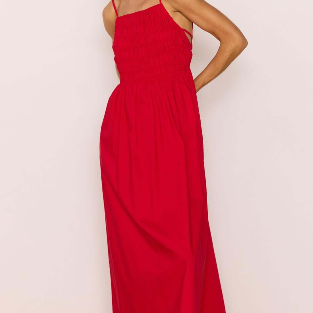 Red Cotton Linen Blend Tie-Back Maxi Dress on a model, showcasing its breezy design and flattering fit.