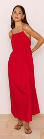 Red Cotton Linen Blend Tie-Back Maxi Dress on a model, showcasing its breezy design and flattering fit.