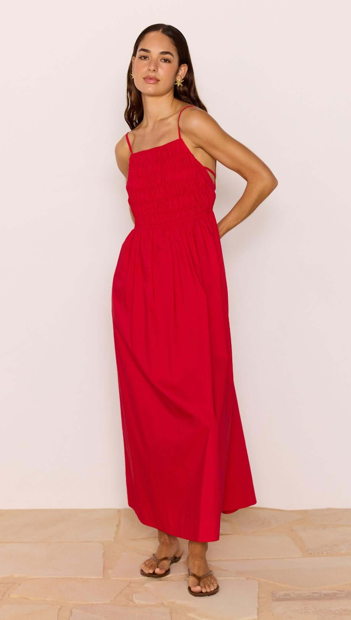 Red Cotton Linen Blend Tie-Back Maxi Dress on a model, showcasing its breezy design and flattering fit.