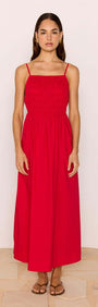 Red Cotton Linen Blend Tie-Back Maxi Dress worn by a model, showcasing its breezy summer style and flattering fit.