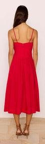 Back view of the Red Cotton Linen Blend V-Neck Midi Dress showcasing its flowing A-line skirt.