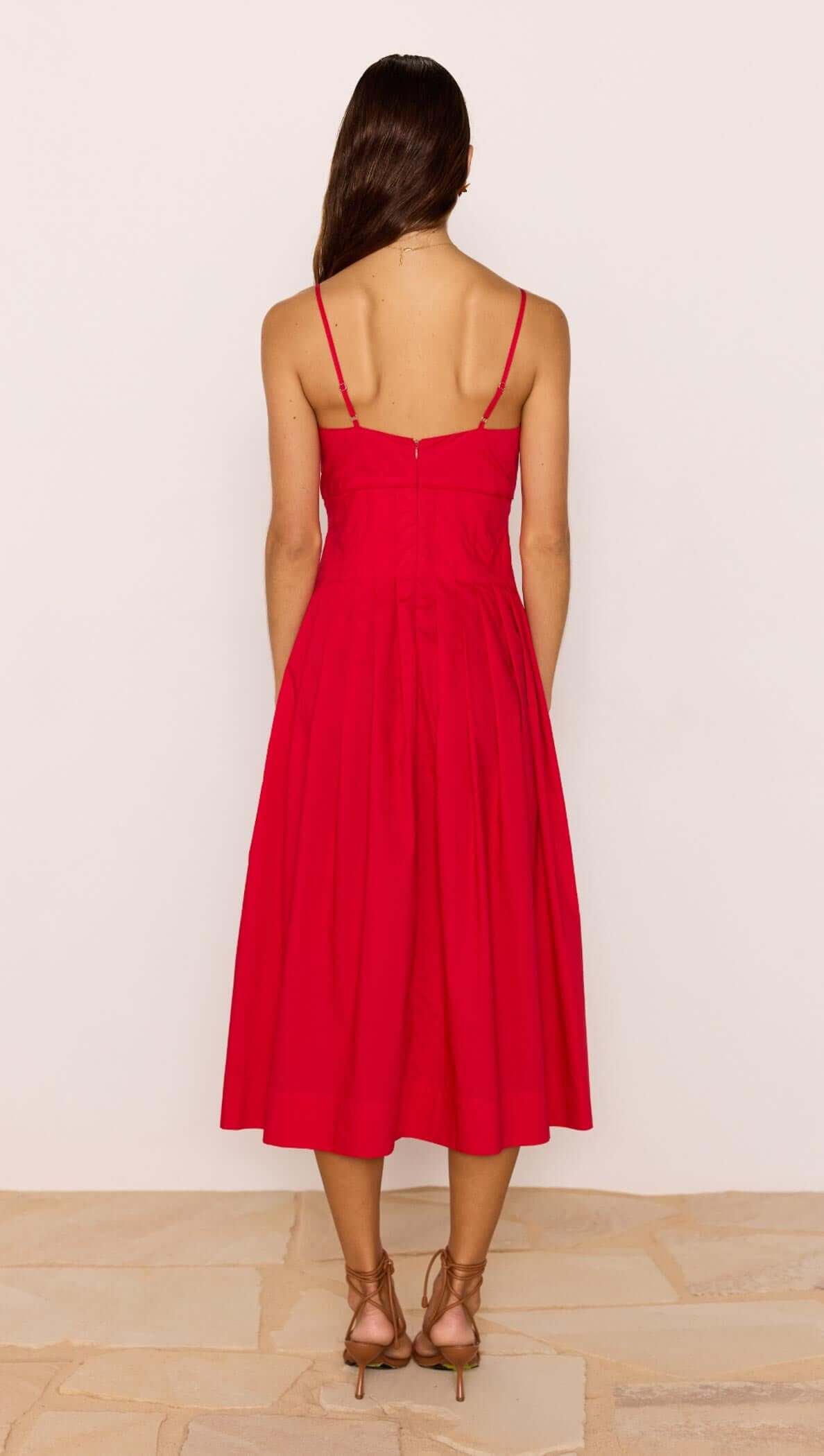 Back view of the Red Cotton Linen Blend V-Neck Midi Dress showcasing its flowing A-line skirt.