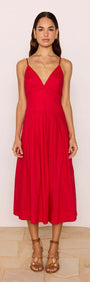 Red Cotton Linen Blend V-Neck Midi Dress on a model, showcasing its elegant fit and vibrant red color.