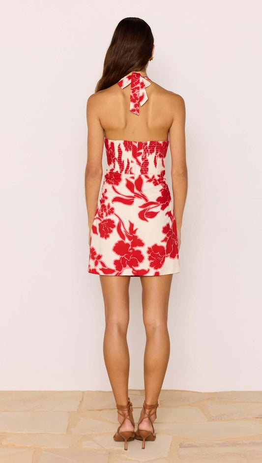 Back view of the Red & White Floral Linen Blend Halter-Neck Mini Dress showcasing a bold floral print and open back design.