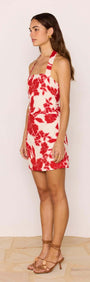 Red & White Floral Linen Blend Halter-Neck Mini Dress styled on a model with a side view against a light background.