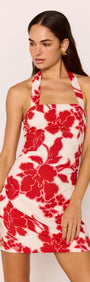 Red & White Floral Linen Blend Halter-Neck Mini Dress showcasing a bold floral print and flattering fitted silhouette.