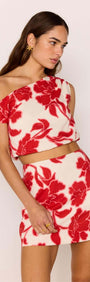 Red & White Floral Linen Blend Mini Skirt, styled with matching crop top, perfect summer outfit.