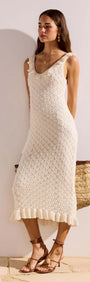 Model wearing a White Pointelle Knit Midi Dress with a ruffled hem, complemented by a woven bag.