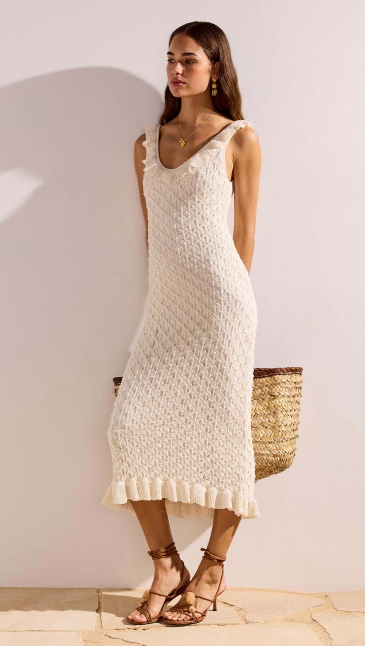 Model wearing a White Pointelle Knit Midi Dress with a ruffled hem, complemented by a woven bag.