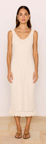 White Pointelle Knit Midi Dress in cream with scoop neckline and ruffled hem, perfect for summer outings.